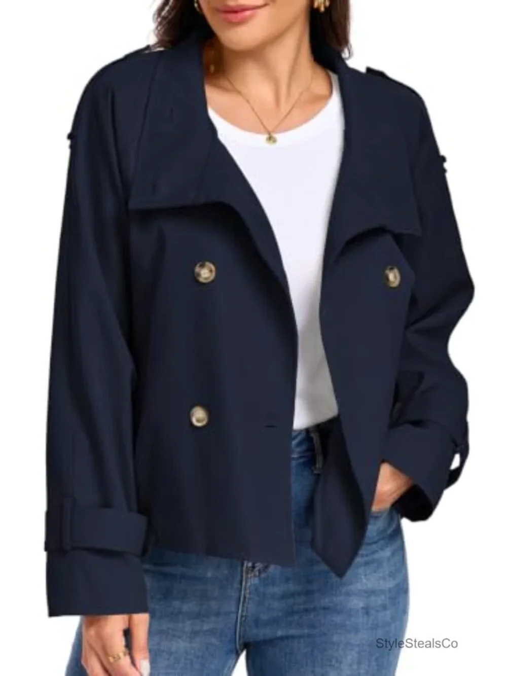 Womens Cropped Trench Coat Funnel Neck Double Breasted Fall Jacket